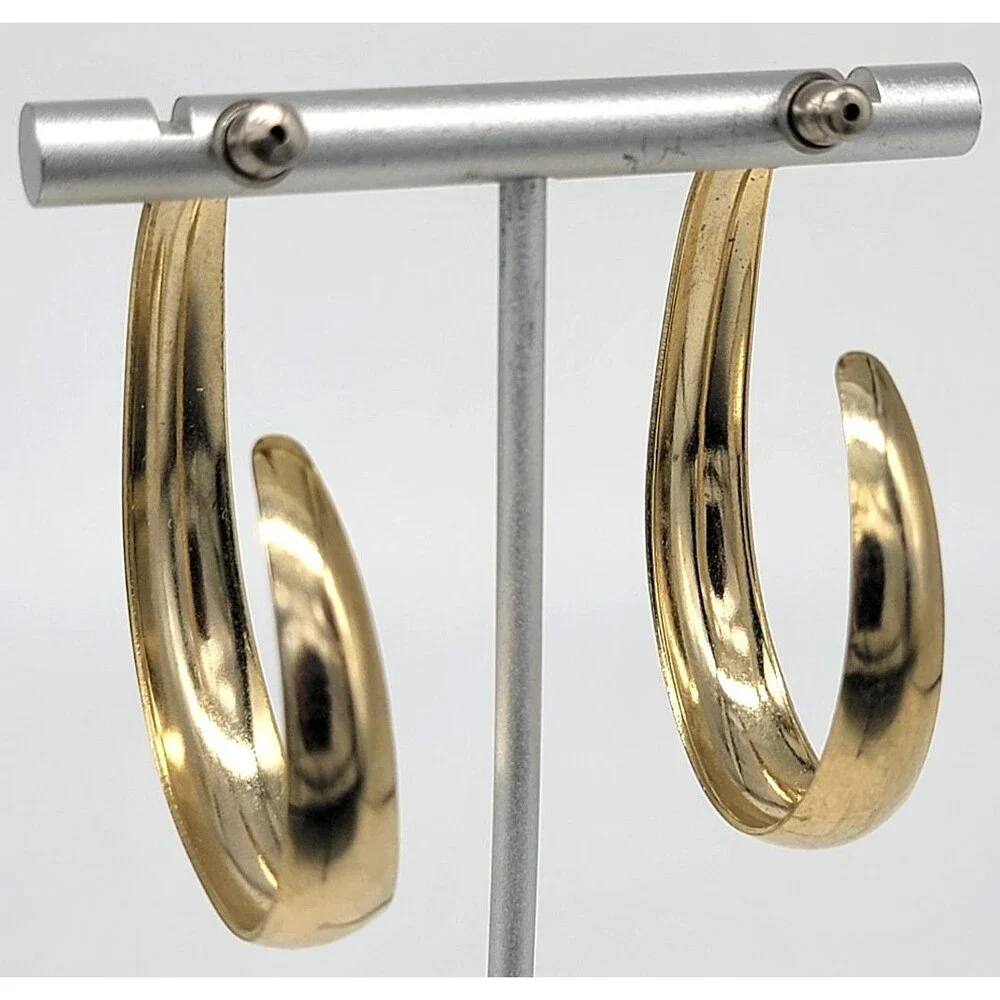 Gold Tone Oval Hoop Earrings Large Polished Unmarked Statement Jewelry Vintage S
